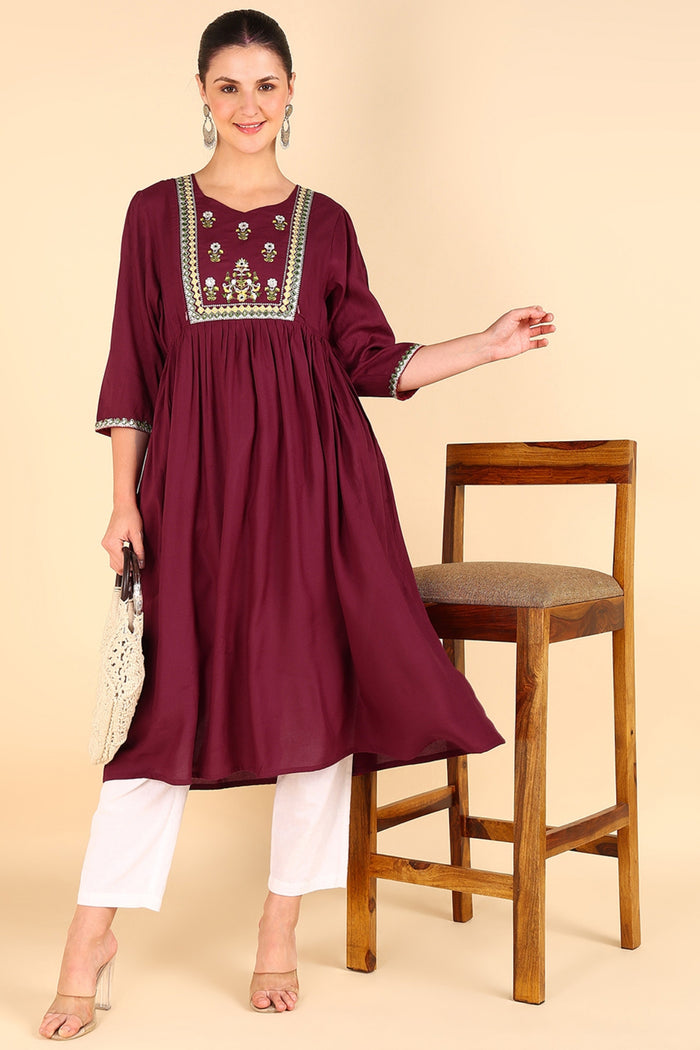 Back view of the Maroon Maternity Kurti Kurti, showcasing the flowing long-sleeve kurti.