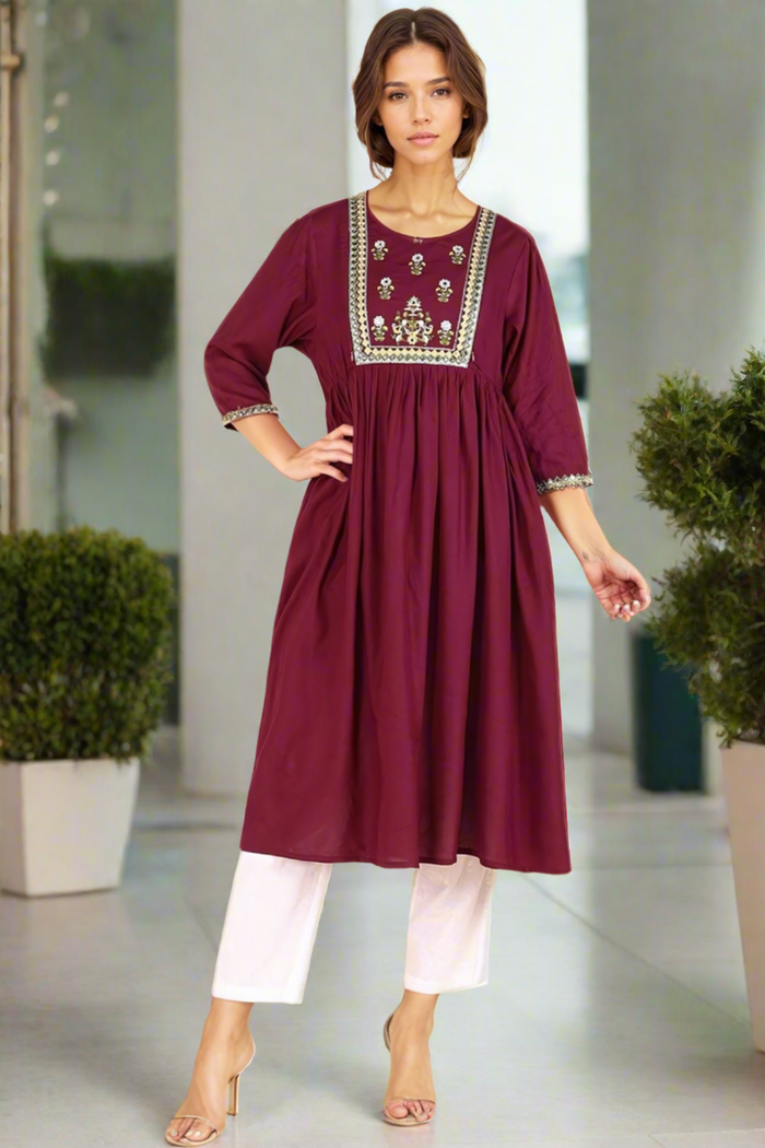 Close-up of the long-sleeve kurti on the Maroon Maternity Kurti Kurti.