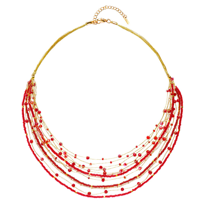Crystal and Brass Beaded Necklace Red and Gold