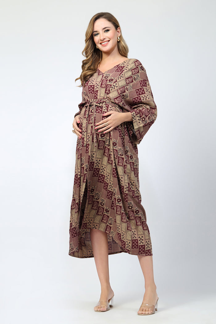 Maternity Concealed Zip Feeding Kaftan - Maroon