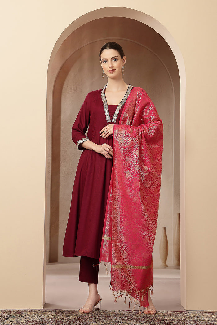 Maternity Concealed Zip Feeding Kurta Set with Dupatta - Maroon