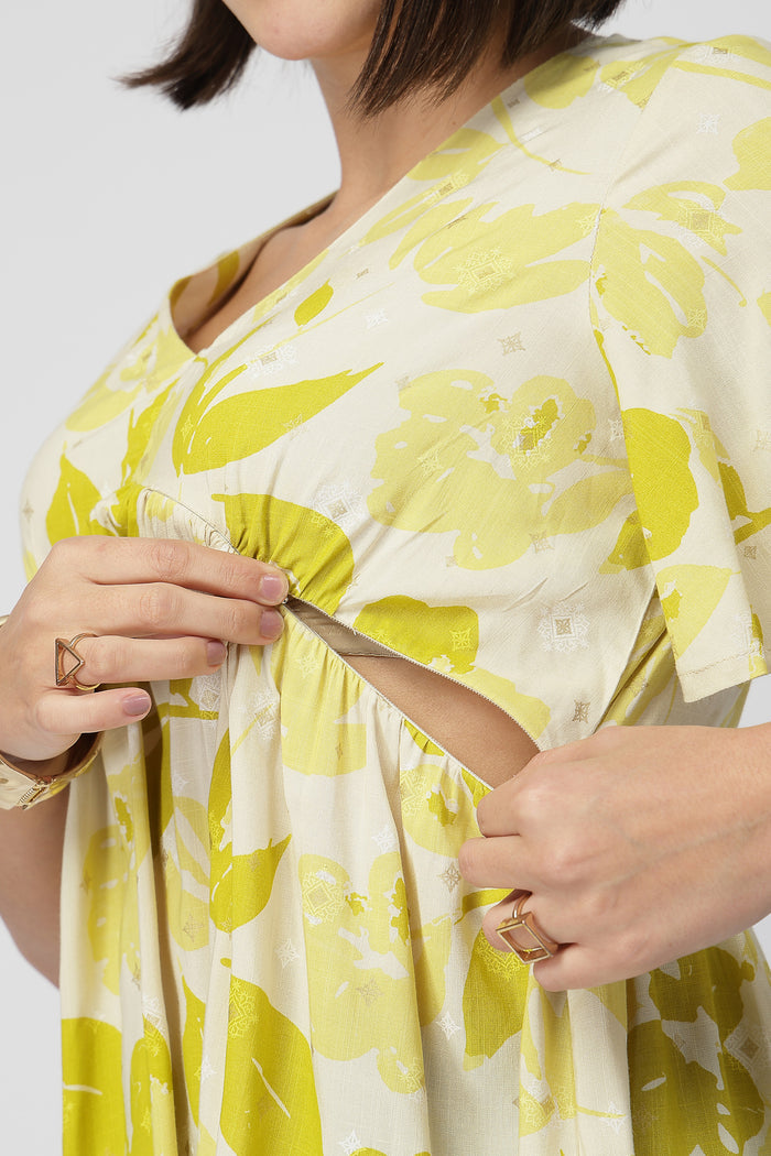 Maternity Gathered Top with Concealed Zip Feeding - Mustard