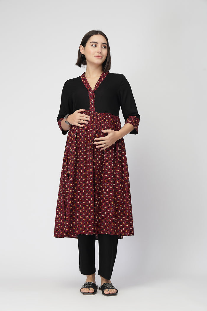 Maternity Zipless Feeding Kurta Set -Black & Maroon