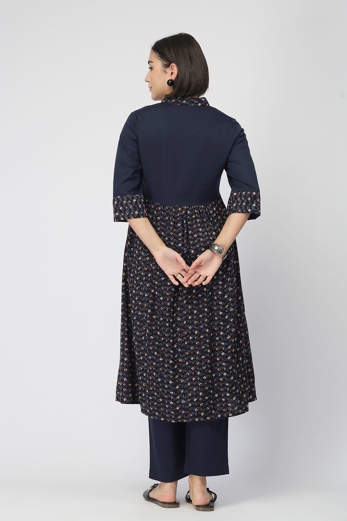 Maternity Zipless Feeding Kurta Set  -Navy Blue