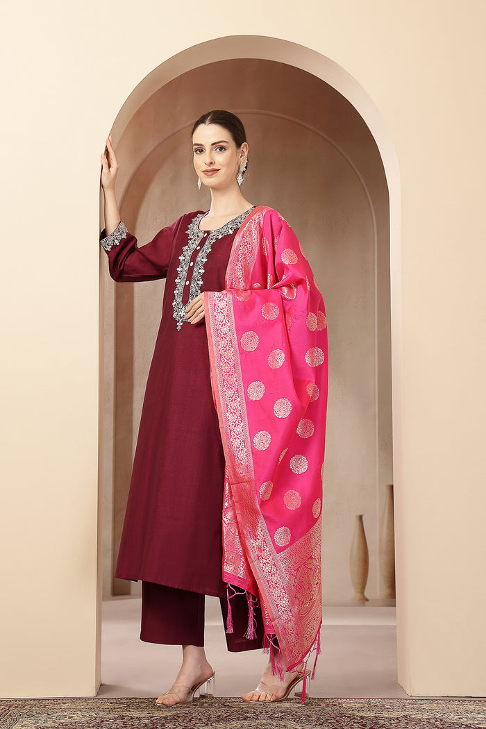 Maternity Zipless Feeding Suit Set with Dupatta - Deep Plum