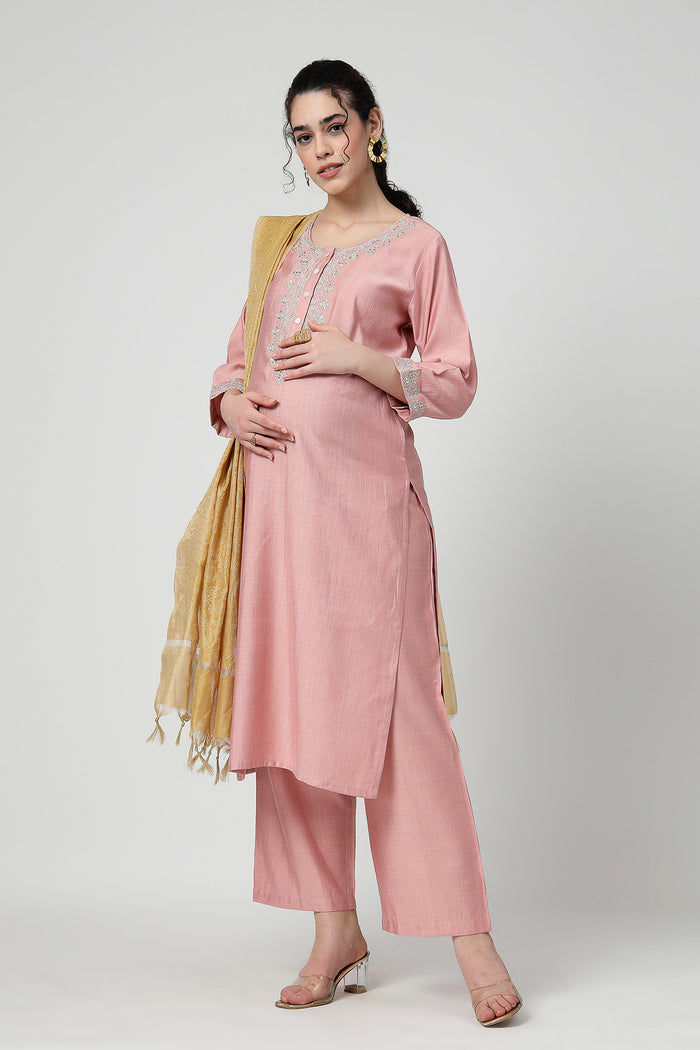 Maternity Zipless Feeding Suit Set with Dupatta - Peach