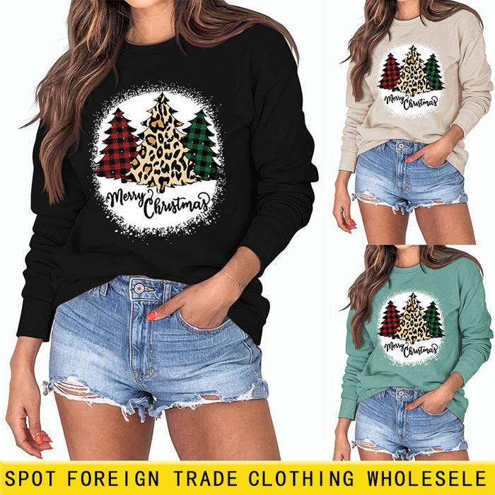 MERRY Christmas Letter Plaid Leopard Print Christmas Tree Sweater Girl