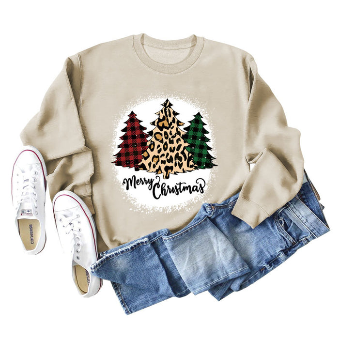 MERRY Christmas Letter Plaid Leopard Print Christmas Tree Sweater Girl