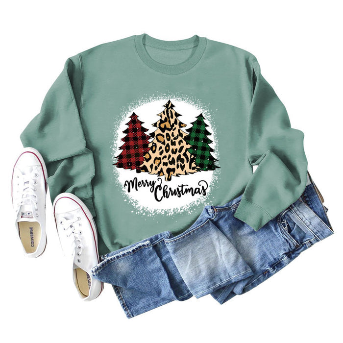 MERRY Christmas Letter Plaid Leopard Print Christmas Tree Sweater Girl