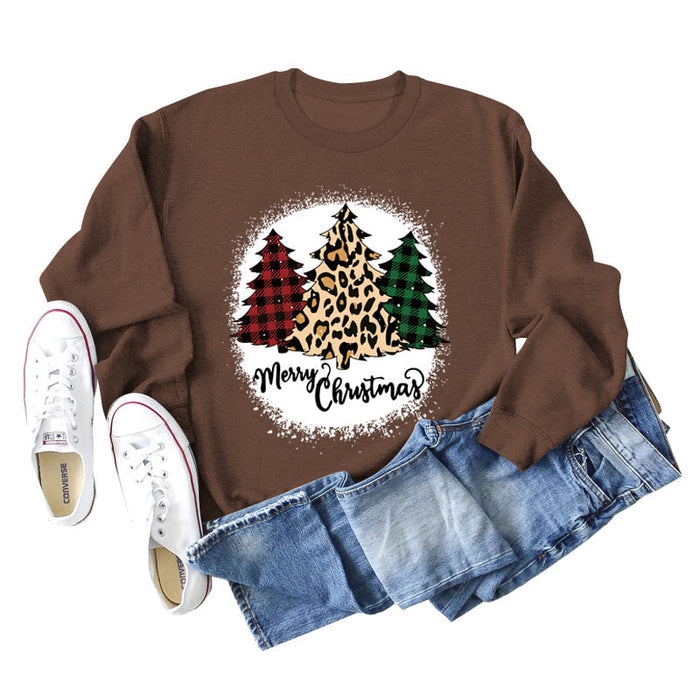 MERRY Christmas Letter Plaid Leopard Print Christmas Tree Sweater Girl