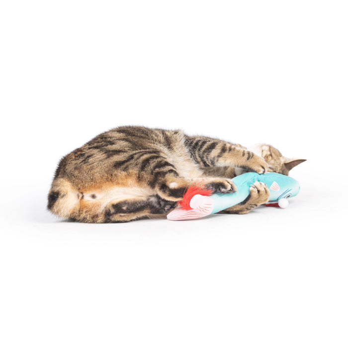Cat with Merry Fishmas Sardine Kicker Cat Toy.