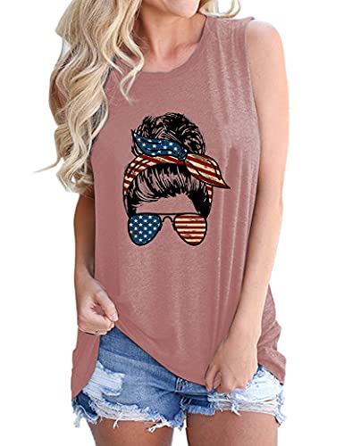 Messy Bun Women with American Sunglasses Shirt Cute Woman Messy Bun Glasses Tank Tops