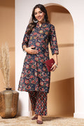 Midnight Bloom And Cotton Kurta Set: Zipless Button for easy nursing, featuring a Relaxed Maternity silhouette.
