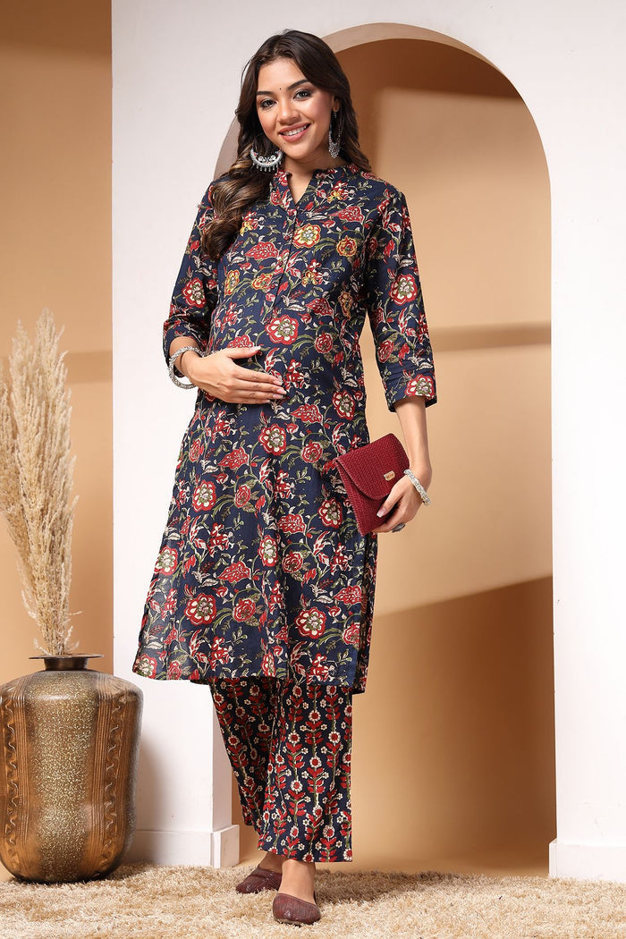 Midnight Bloom And Cotton Kurta Set: Zipless Button for easy nursing, featuring a Relaxed Maternity silhouette.