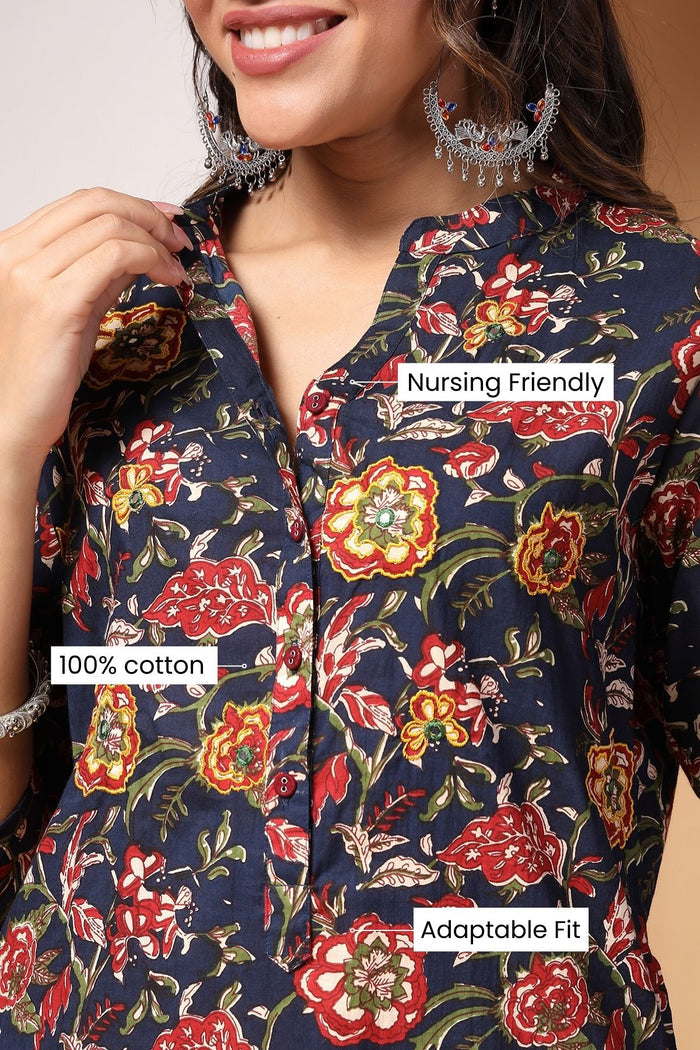 Full-length shot of model wearing the Midnight Bloom And Kurta Set. Emphasizes the comfortable Relaxed Maternity.
