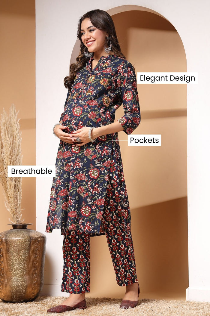 Side profile of the Midnight Bloom And Kurta Set, showing the smooth drape of the Cotton fabric.
