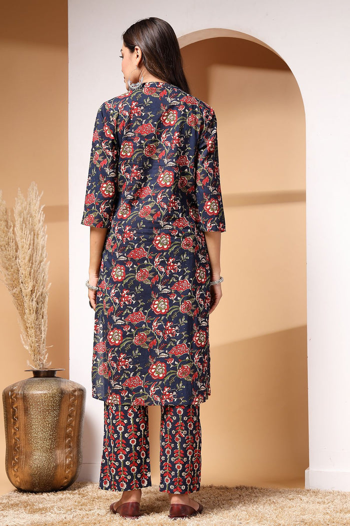 Model action shot of the Midnight Bloom And Kurta Set, demonstrating ease of movement and fit.