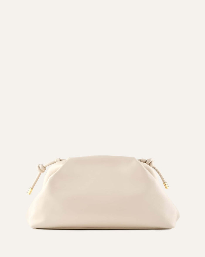 Beige pouch with drawstring on a white background