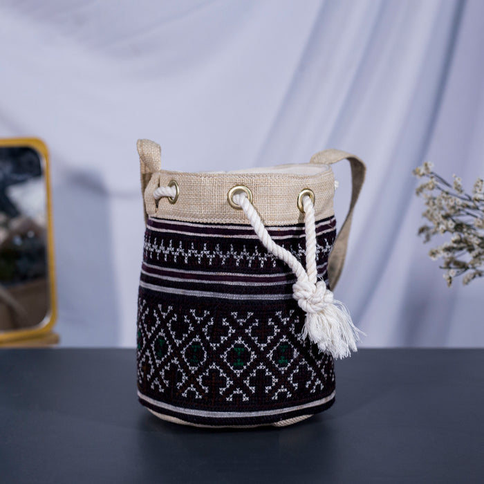 Mini cosmetic bag, brown embroidery, string to use as cross-body bag