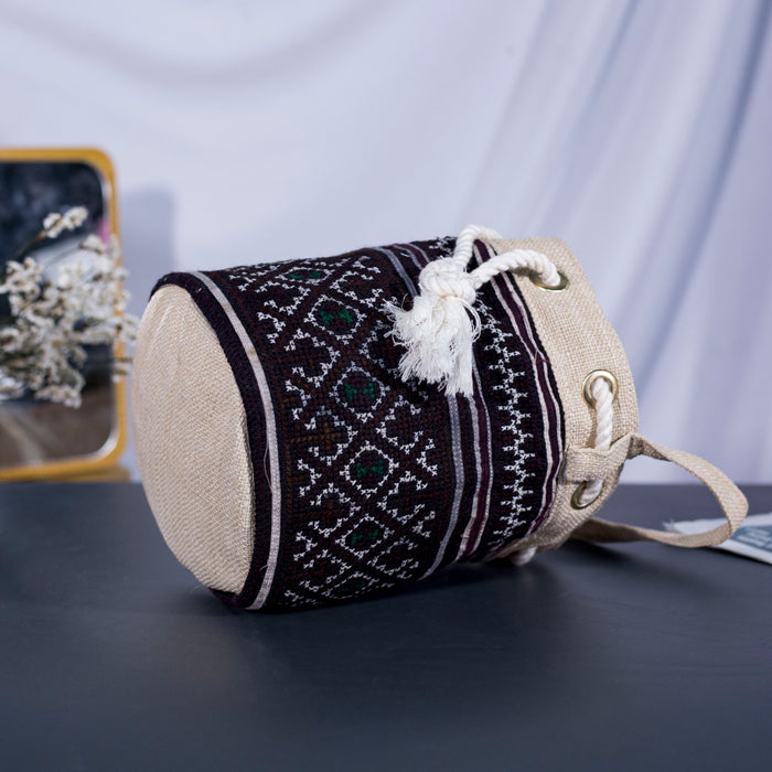 Mini cosmetic bag, brown embroidery, string to use as cross-body bag