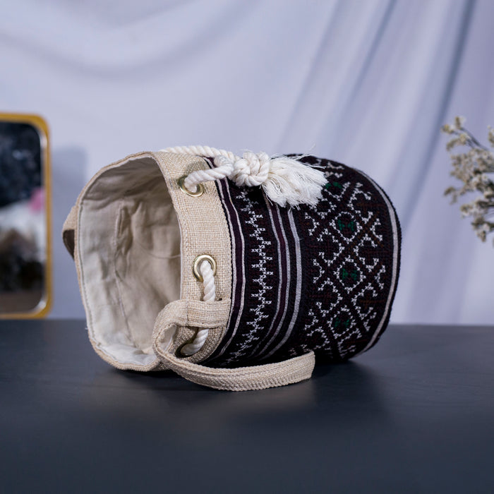 Mini cosmetic bag, brown embroidery, string to use as cross-body bag