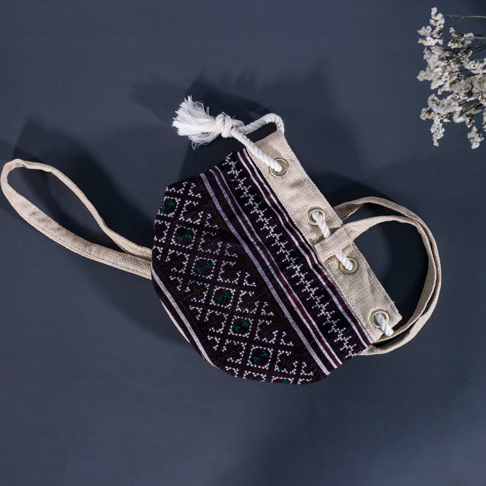 Mini cosmetic bag, brown embroidery, string to use as cross-body bag
