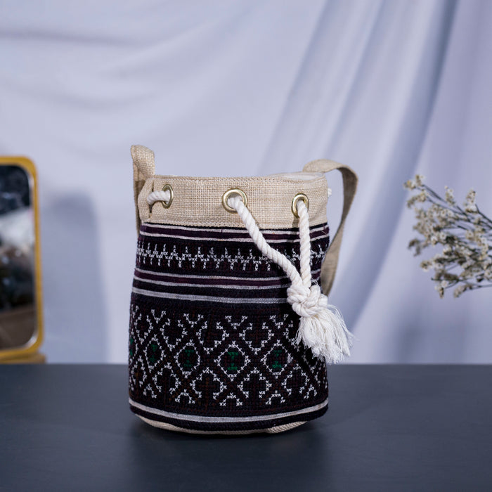 Mini cosmetic bag, brown embroidery, string to use as cross-body bag