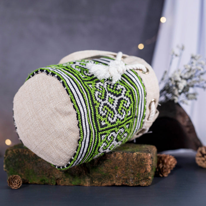 Mini cosmetic bag, green embroidery, string to use as cross-body bag