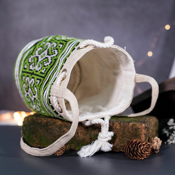 Mini cosmetic bag, green embroidery, string to use as cross-body bag