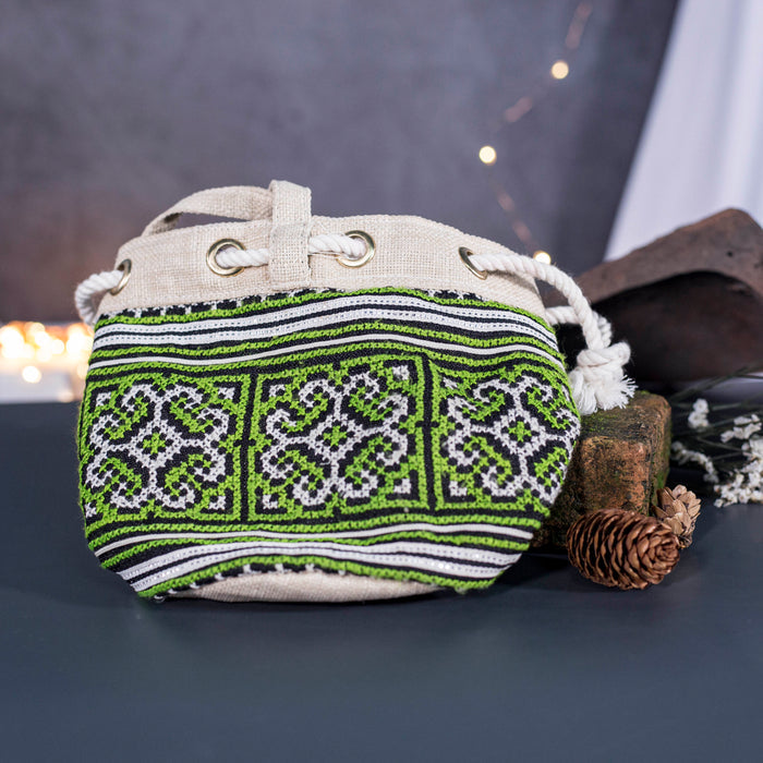 Mini cosmetic bag, green embroidery, string to use as cross-body bag