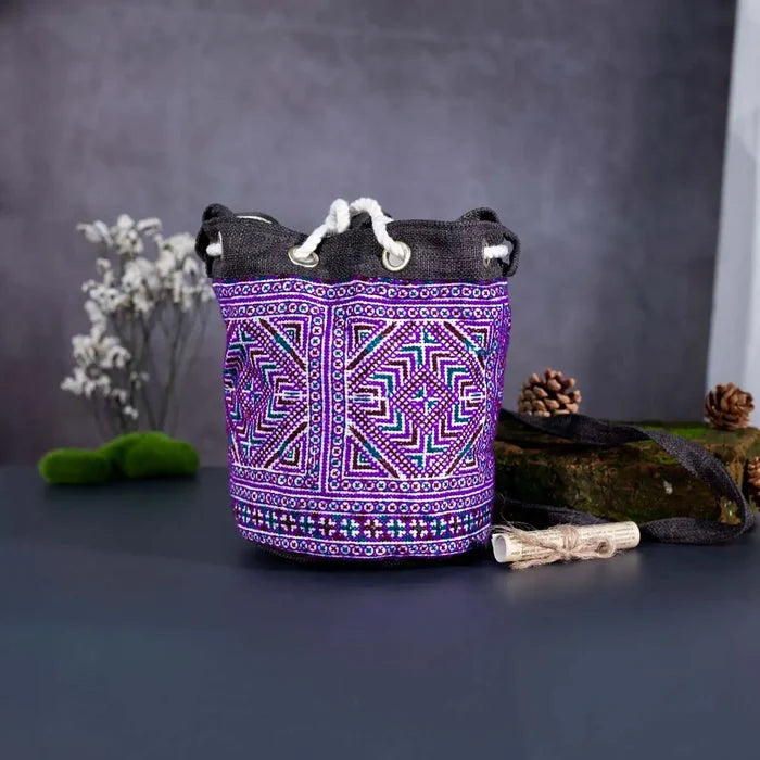 Vindigo purple hemp floral bucket bag standing upright