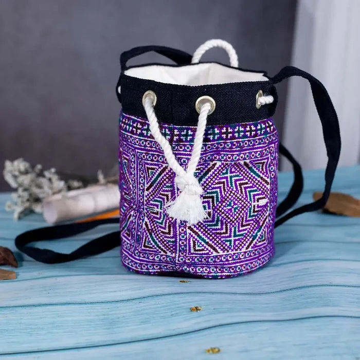 Vindigo purple hemp geometric bucket bag front view with black strap