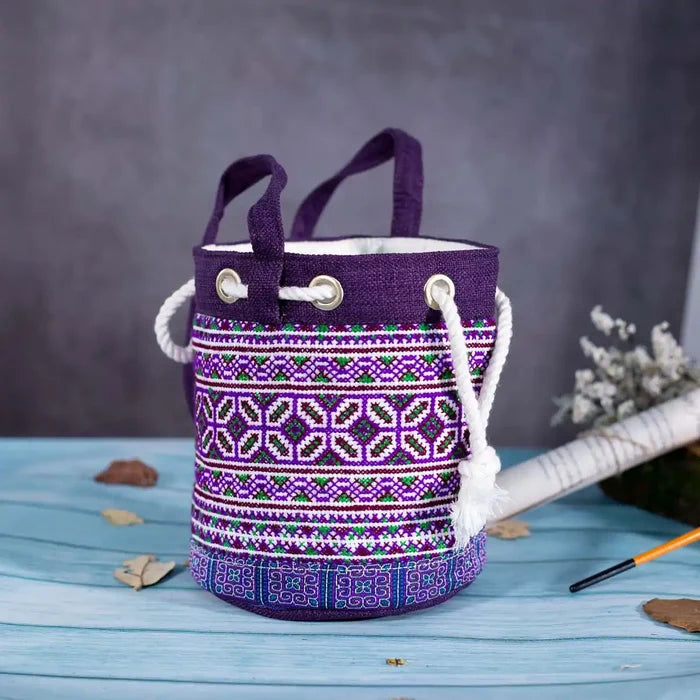 Vindigo purple hemp geometric bucket bag side with drawstring