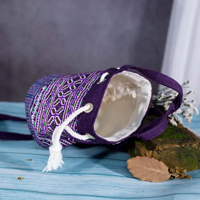 Vindigo purple embroidered canvas bucket bag open top view