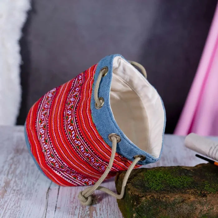 Vindigo red embroidered canvas bucket bag open top view
