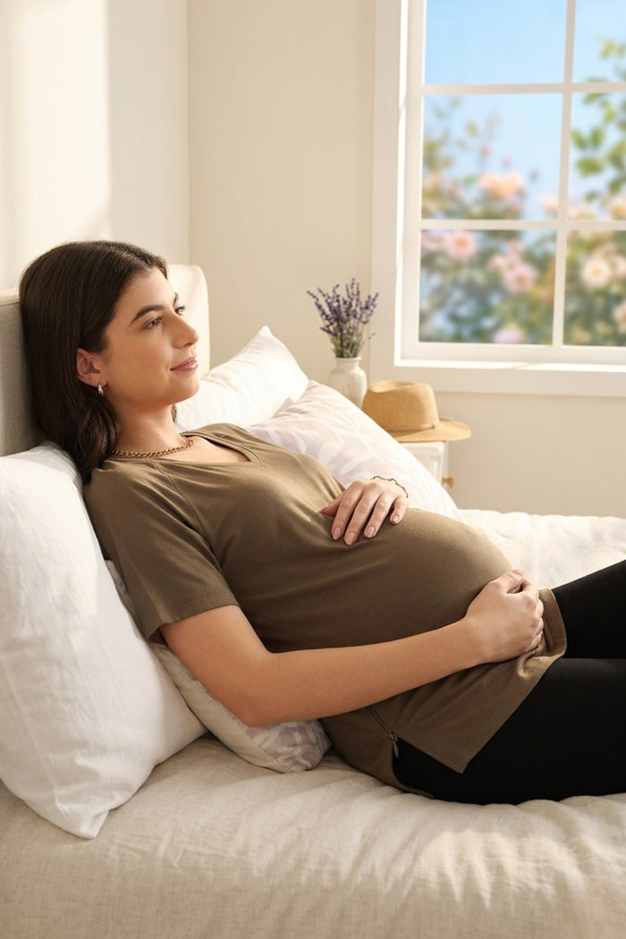 Mocha Solid Nursing Top with Side Zip Access