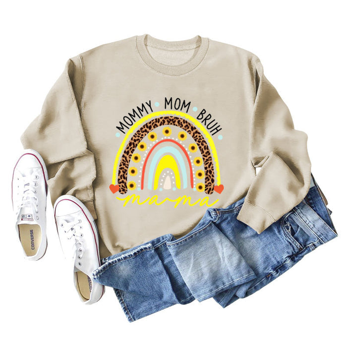 MOMMY MOM BRUH Rainbow Love Letter Print Round Neck Sweater Long Sleeve
