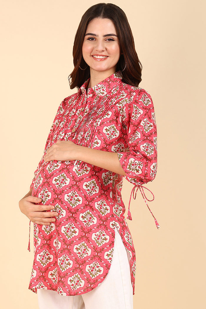 Multicolor Floral Printed 100 Soft Cotton Zipless Maternity Top - Front view showing breathable fabric and practical