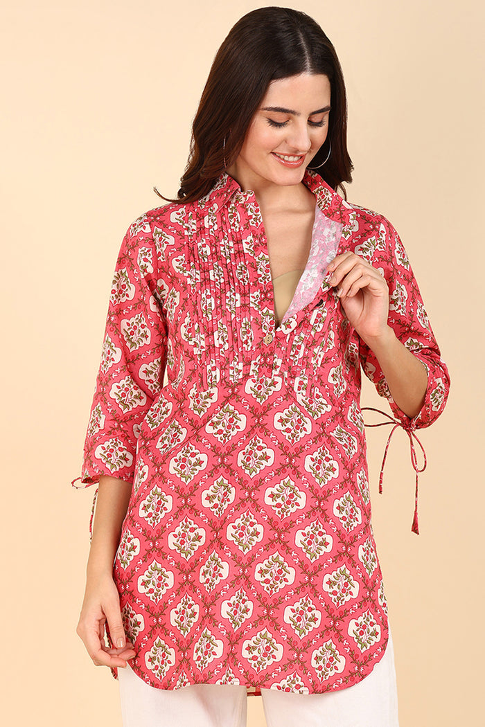 Multicolor Floral Printed 100 Soft Cotton Zipless Maternity Top - Side profile highlighting feeding-friendly neckline