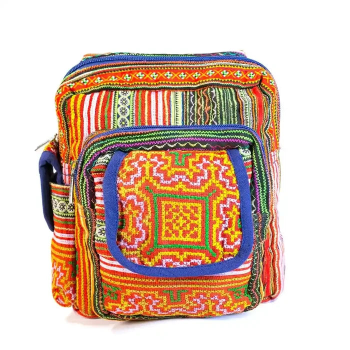 Vindigo crossbody orange linen tribal close-up front