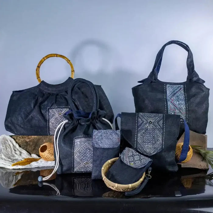 Set of black hemp bucket bags with vintage H’Mong patches, sustainable handmade Purity Collection