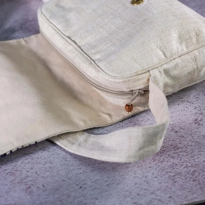 Vindigo beige hemp crossbody bag open view with zipper and lining