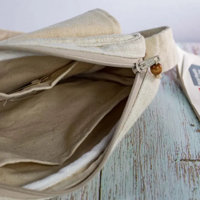 Vindigo hemp crossbody bag inside zipper compartment and lining detail
