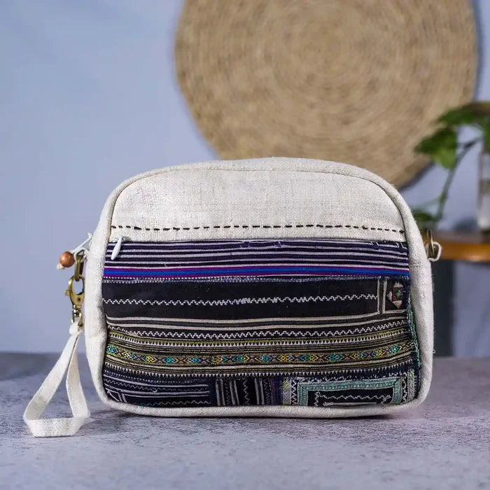 Vindigo hemp cosmetic bag front view with detailed handwoven H’mong embroidery