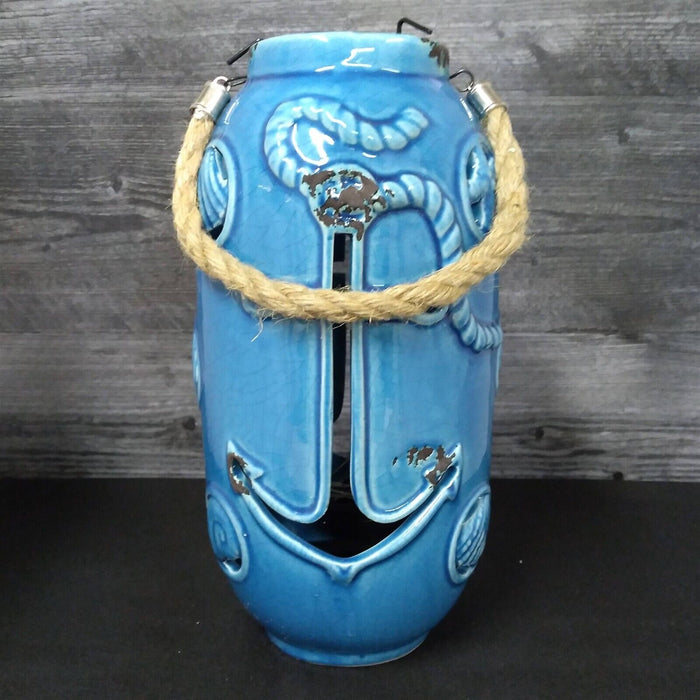 Nautical Maritime Lantern Blue Tea light Candle Holder Weathered Look Lamp