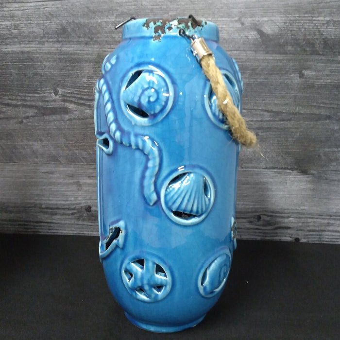 Nautical Maritime Lantern Blue Tea light Candle Holder Weathered Look Lamp