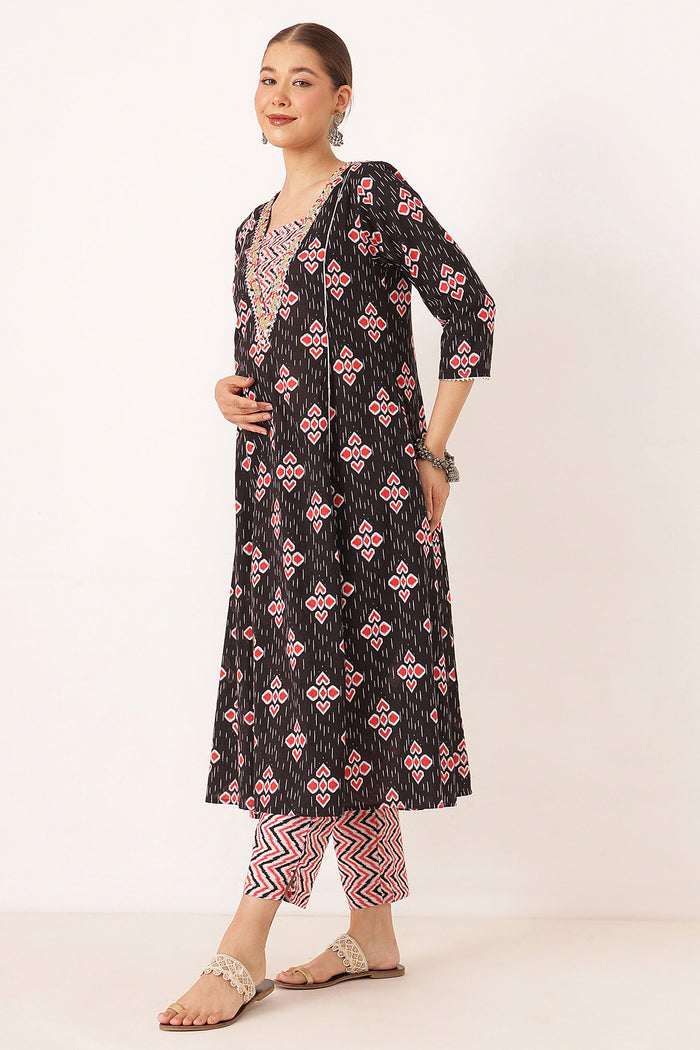 Navy 100% Cotton Concealed Zip Feeding Maternity Kurta Set with Dupatta