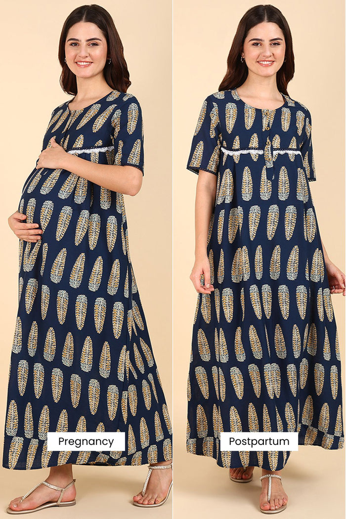 Maternity Navy Blue Printed 100% Soft Cotton Zipless Maternity Maxi