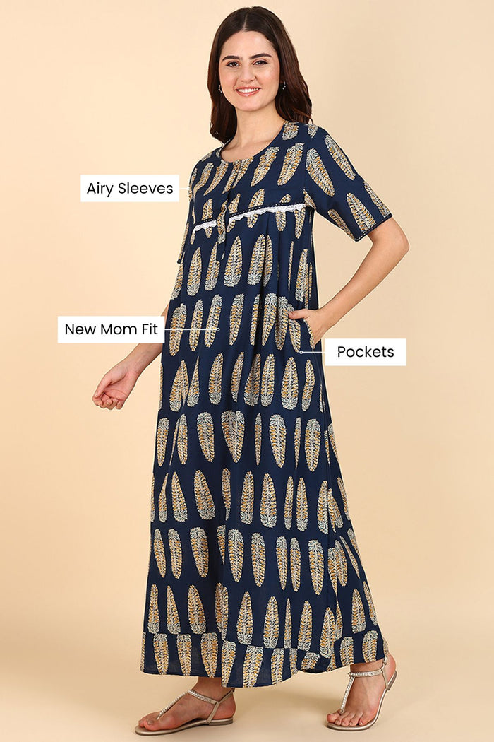 Pregnancy Navy Blue Printed 100% Soft Cotton Zipless Maternity Maxi