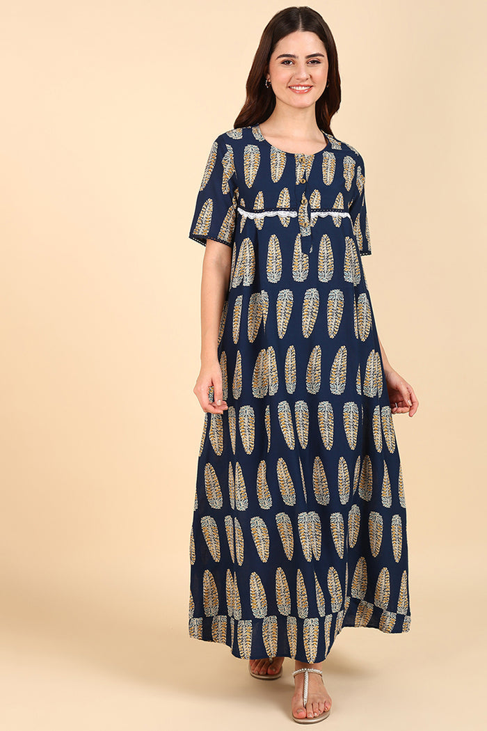 Navy Blue Printed 100% Soft Cotton Zipless Maternity Maxi